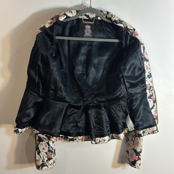 JUICE COUTURE Sz XS Lambskin Peplum Hem Floral Moto Style Jacket Mao Neckline - Picture 10 of 11